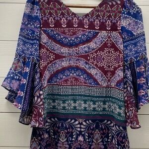 Amywear Paisley Chiffon Dress Kids Size 7 Purple Blue Excellent Bell Sleve Boho